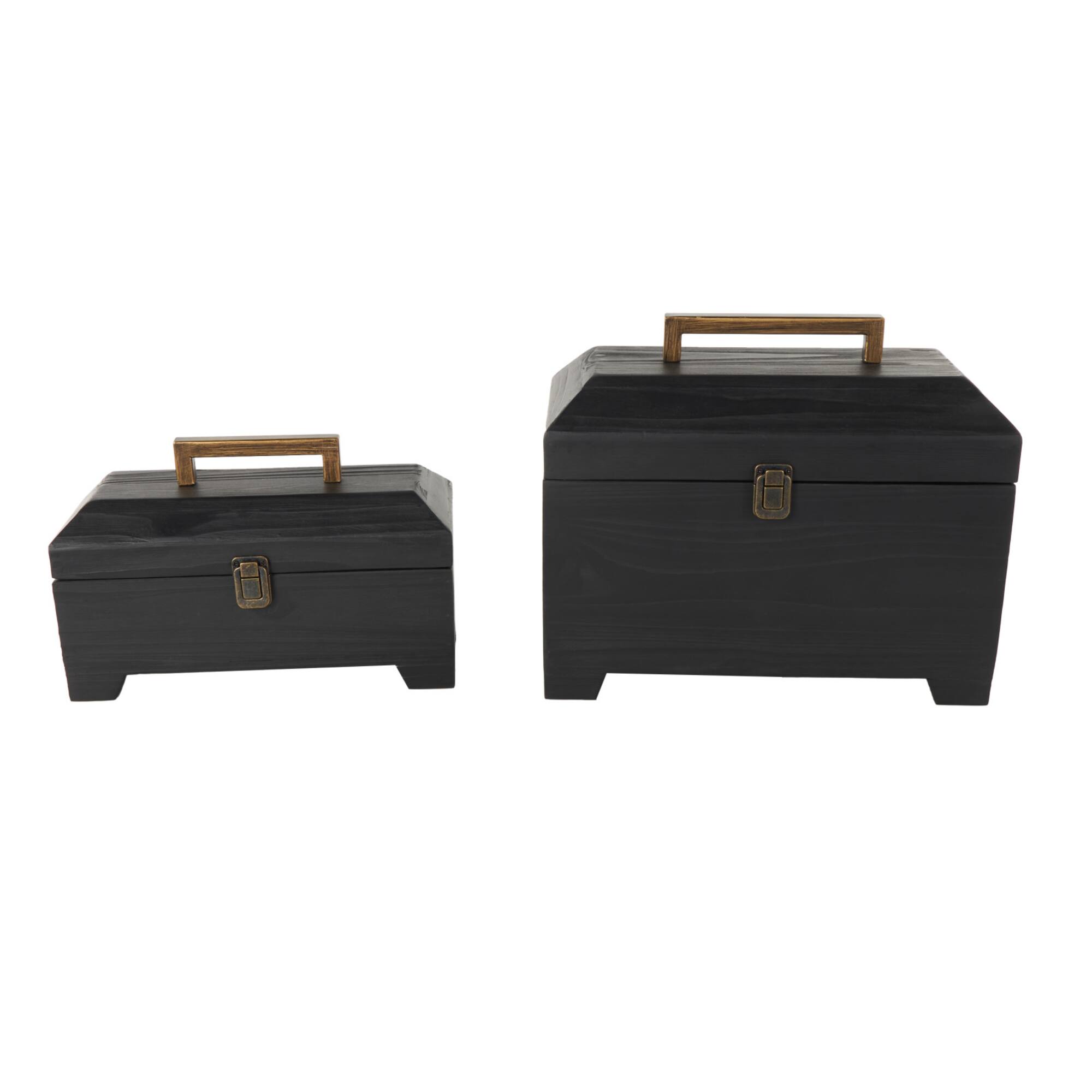 Black Wood Handmade Decorative Box Set with Brass Latches and Handle